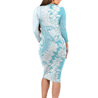 Polynesian Turquoise Plumeria Lei Family Matching Long Sleeve Bodycon Dress and Hawaiian Shirt with Hammerhead Shark LT7 - Polynesian Pride