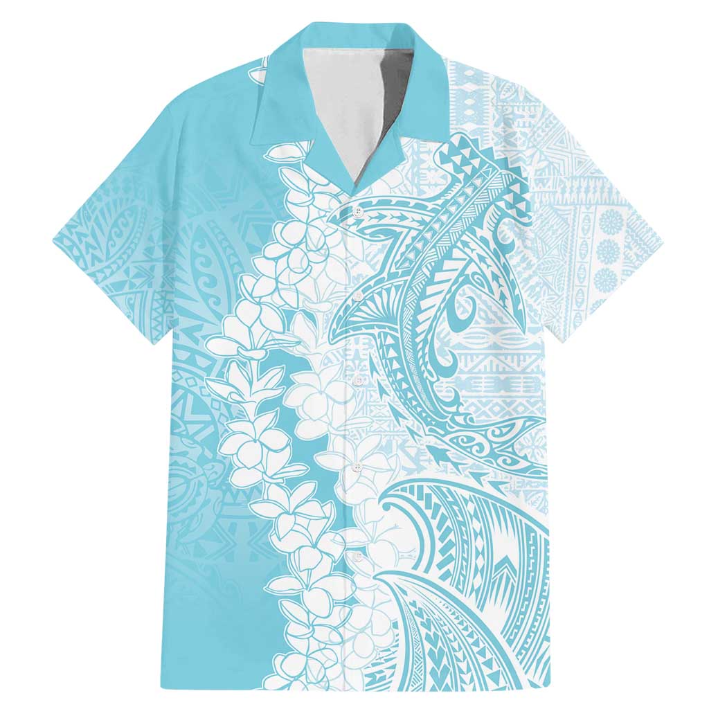 Polynesian Turquoise Plumeria Lei Family Matching Mermaid Dress and Hawaiian Shirt with Hammerhead Shark LT7 Dad's Shirt - Short Sleeve Turquoise - Polynesian Pride