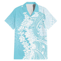 Polynesian Turquoise Plumeria Lei Family Matching Mermaid Dress and Hawaiian Shirt with Hammerhead Shark LT7 Dad's Shirt - Short Sleeve Turquoise - Polynesian Pride