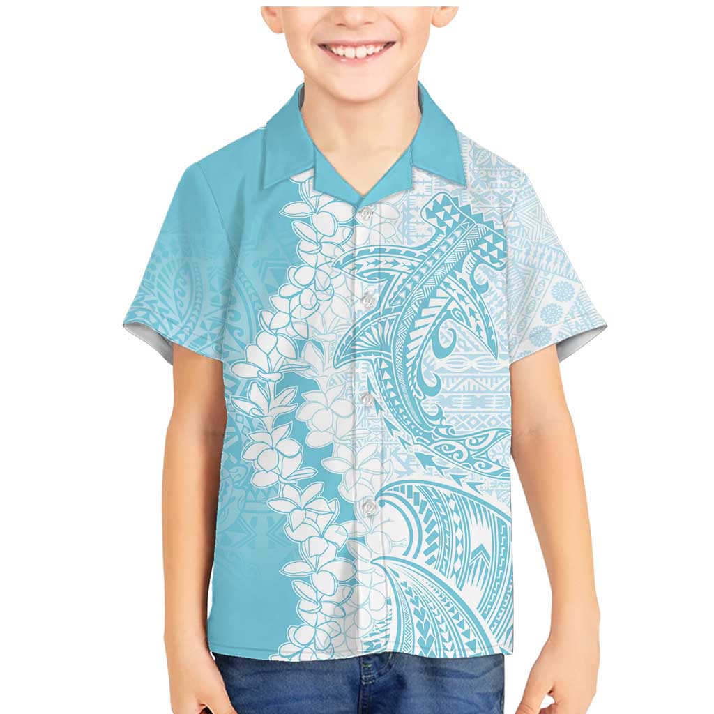 Polynesian Turquoise Plumeria Lei Family Matching Mermaid Dress and Hawaiian Shirt with Hammerhead Shark LT7 Son's Shirt Turquoise - Polynesian Pride