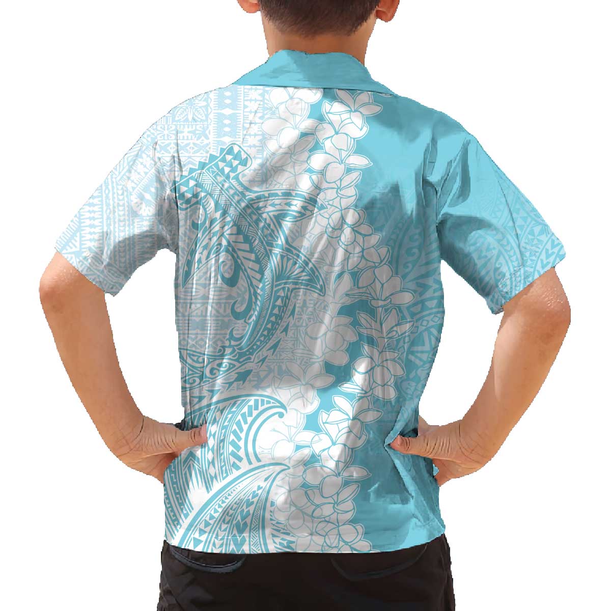 Polynesian Turquoise Plumeria Lei Family Matching Off The Shoulder Long Sleeve Dress and Hawaiian Shirt with Hammerhead Shark LT7 - Polynesian Pride
