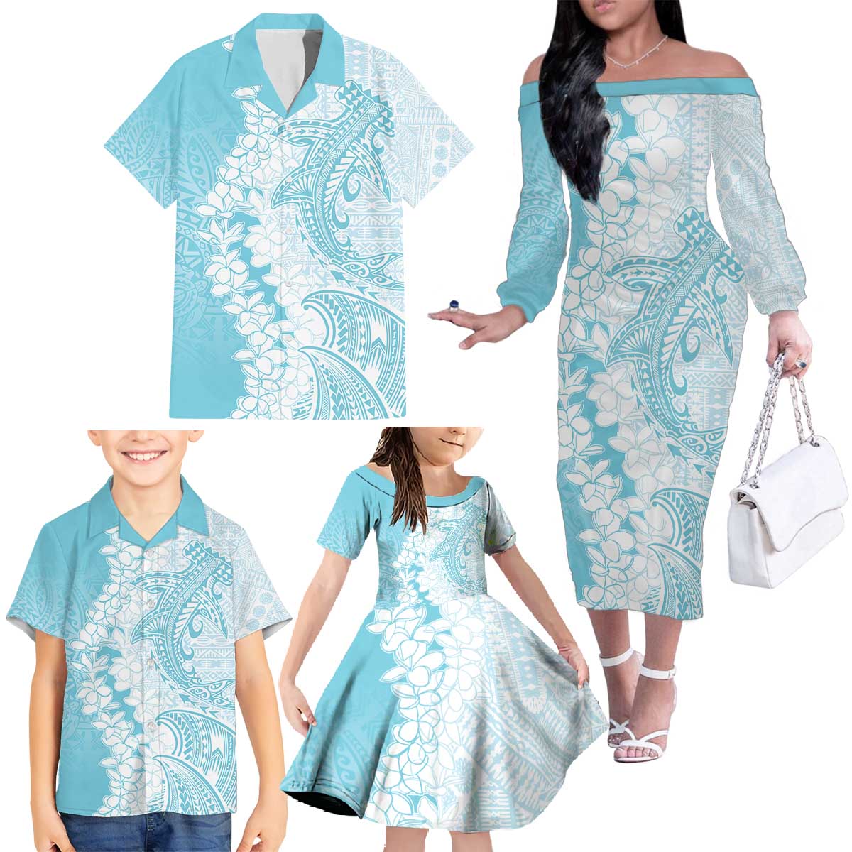 Polynesian Turquoise Plumeria Lei Family Matching Off The Shoulder Long Sleeve Dress and Hawaiian Shirt with Hammerhead Shark LT7 - Polynesian Pride