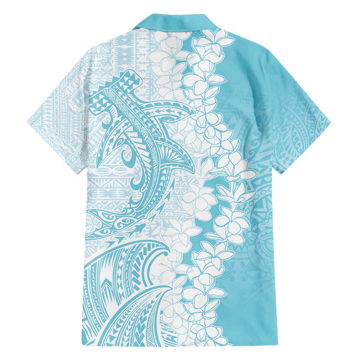 Polynesian Turquoise Plumeria Lei Family Matching Off The Shoulder Long Sleeve Dress and Hawaiian Shirt with Hammerhead Shark LT7 - Polynesian Pride