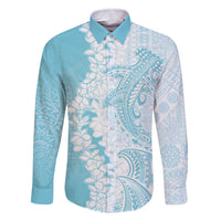 Polynesian Turquoise Plumeria Lei Family Matching Off The Shoulder Long Sleeve Dress and Hawaiian Shirt with Hammerhead Shark LT7 Dad's Shirt - Long Sleeve Turquoise - Polynesian Pride