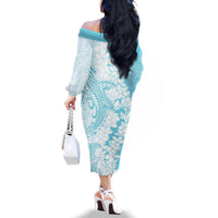 Polynesian Turquoise Plumeria Lei Family Matching Off The Shoulder Long Sleeve Dress and Hawaiian Shirt with Hammerhead Shark LT7 - Polynesian Pride
