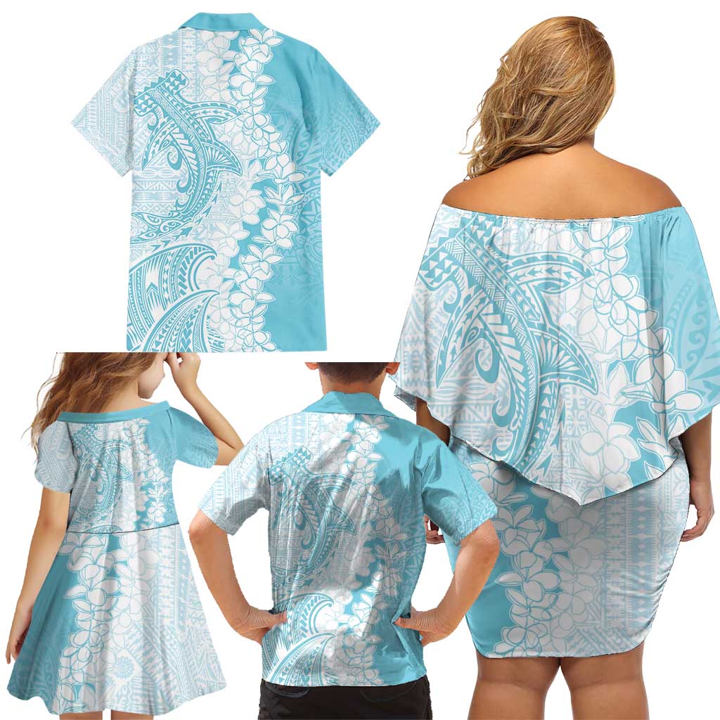 Polynesian Turquoise Plumeria Lei Family Matching Off Shoulder Short Dress and Hawaiian Shirt with Hammerhead Shark LT7 - Polynesian Pride