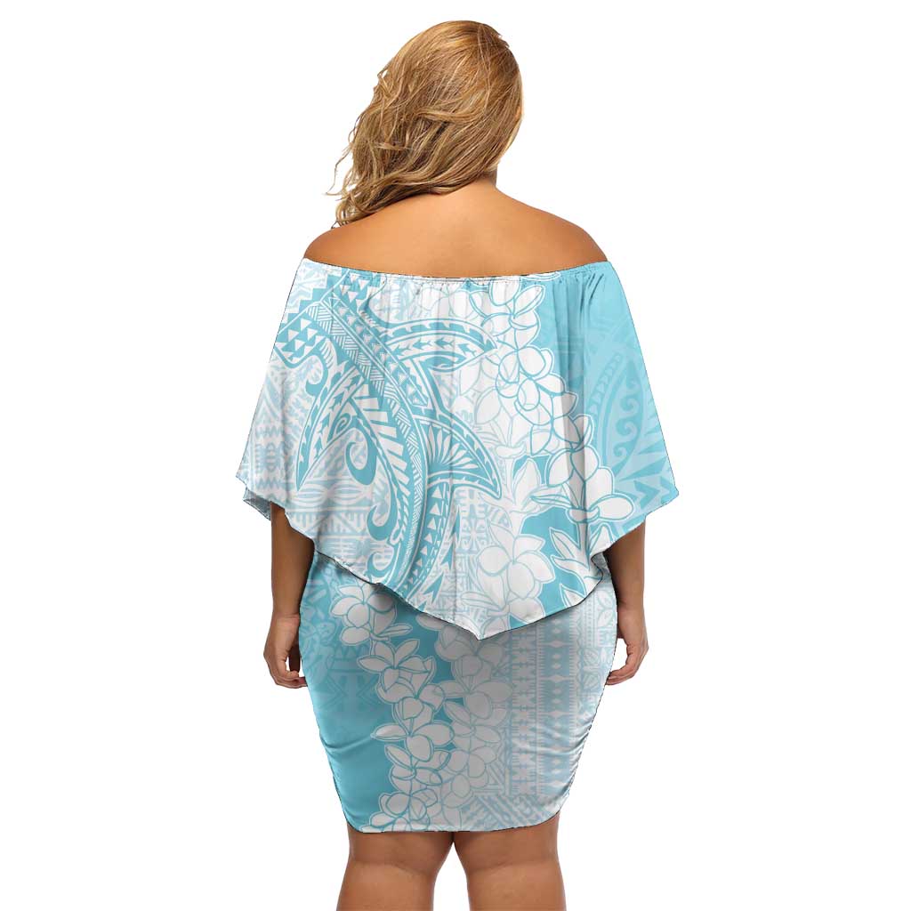 Polynesian Turquoise Plumeria Lei Family Matching Off Shoulder Short Dress and Hawaiian Shirt with Hammerhead Shark LT7 - Polynesian Pride