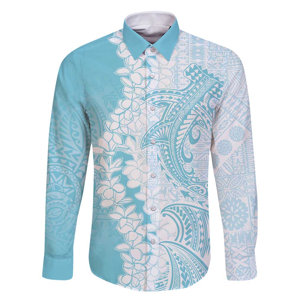 Polynesian Turquoise Plumeria Lei Family Matching Puletasi and Hawaiian Shirt with Hammerhead Shark