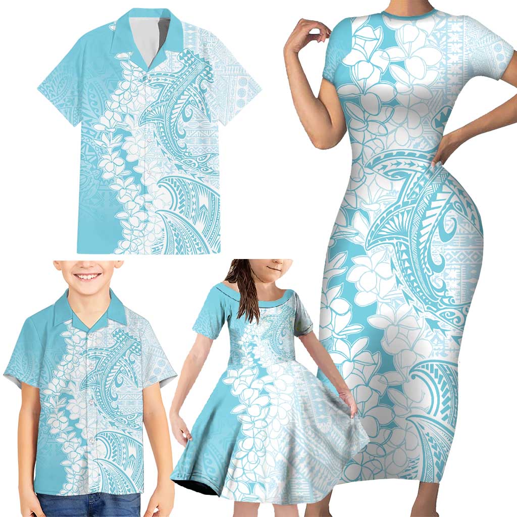 Polynesian Turquoise Plumeria Lei Family Matching Short Sleeve Bodycon Dress and Hawaiian Shirt with Hammerhead Shark LT7 - Polynesian Pride