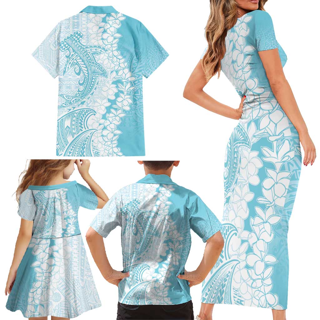 Polynesian Turquoise Plumeria Lei Family Matching Short Sleeve Bodycon Dress and Hawaiian Shirt with Hammerhead Shark LT7 - Polynesian Pride