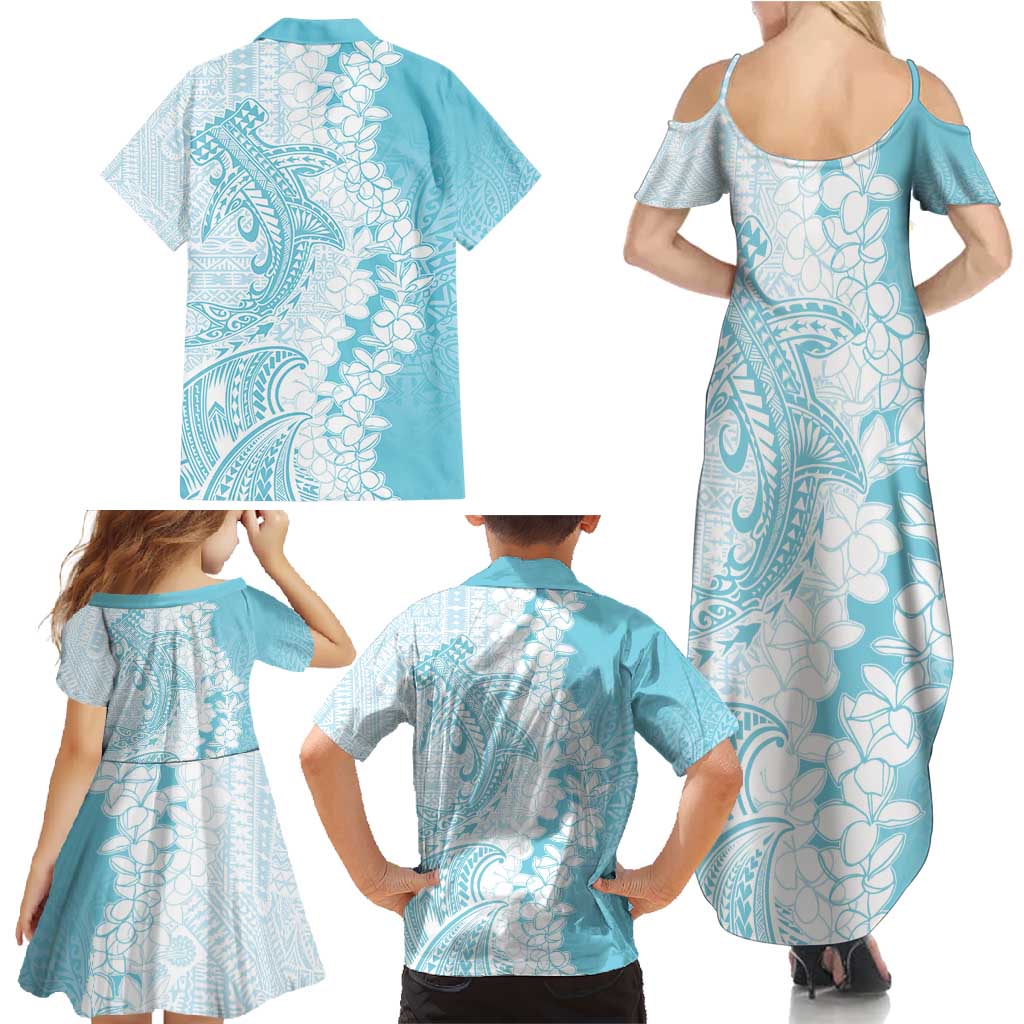 Polynesian Turquoise Plumeria Lei Family Matching Summer Maxi Dress and Hawaiian Shirt with Hammerhead Shark LT7 - Polynesian Pride