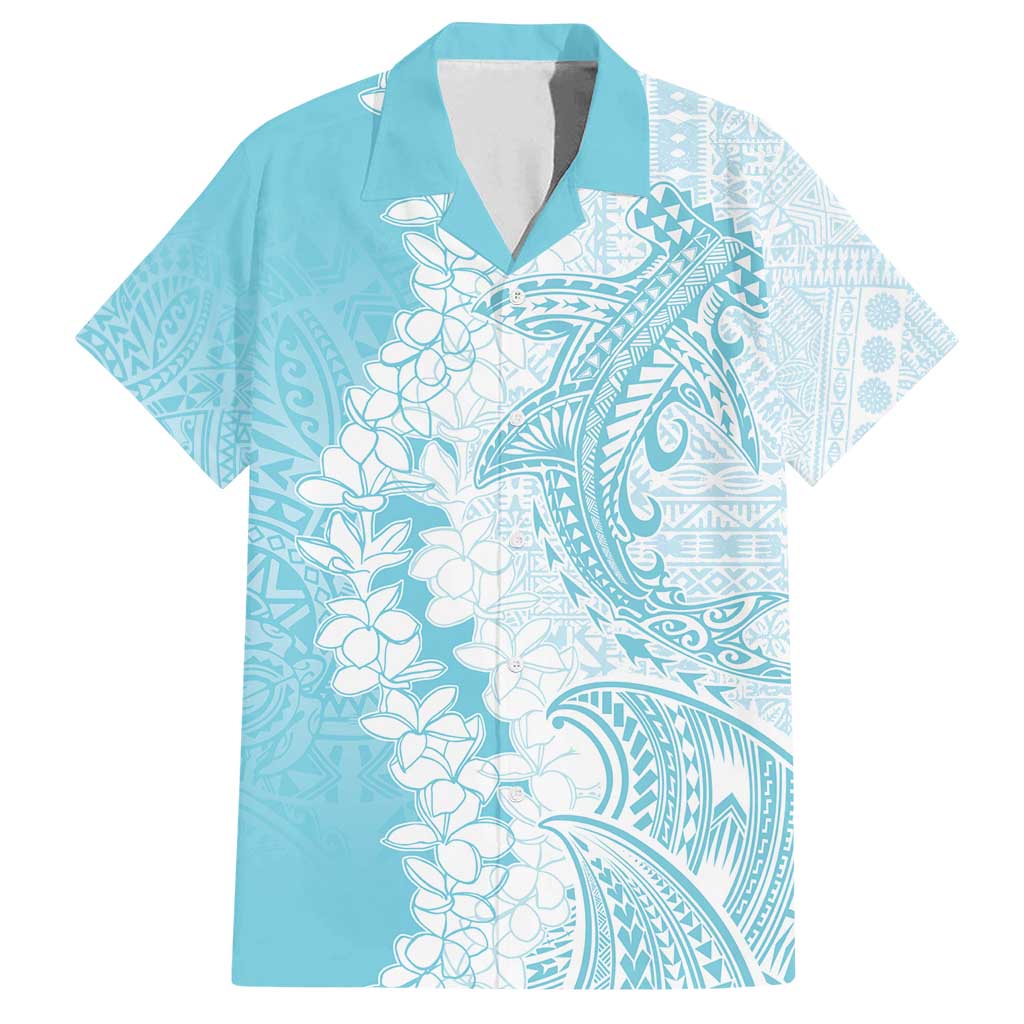 Polynesian Turquoise Plumeria Lei Family Matching Summer Maxi Dress and Hawaiian Shirt with Hammerhead Shark LT7 Dad's Shirt - Short Sleeve Turquoise - Polynesian Pride