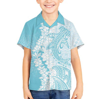 Polynesian Turquoise Plumeria Lei Family Matching Summer Maxi Dress and Hawaiian Shirt with Hammerhead Shark LT7 Son's Shirt Turquoise - Polynesian Pride