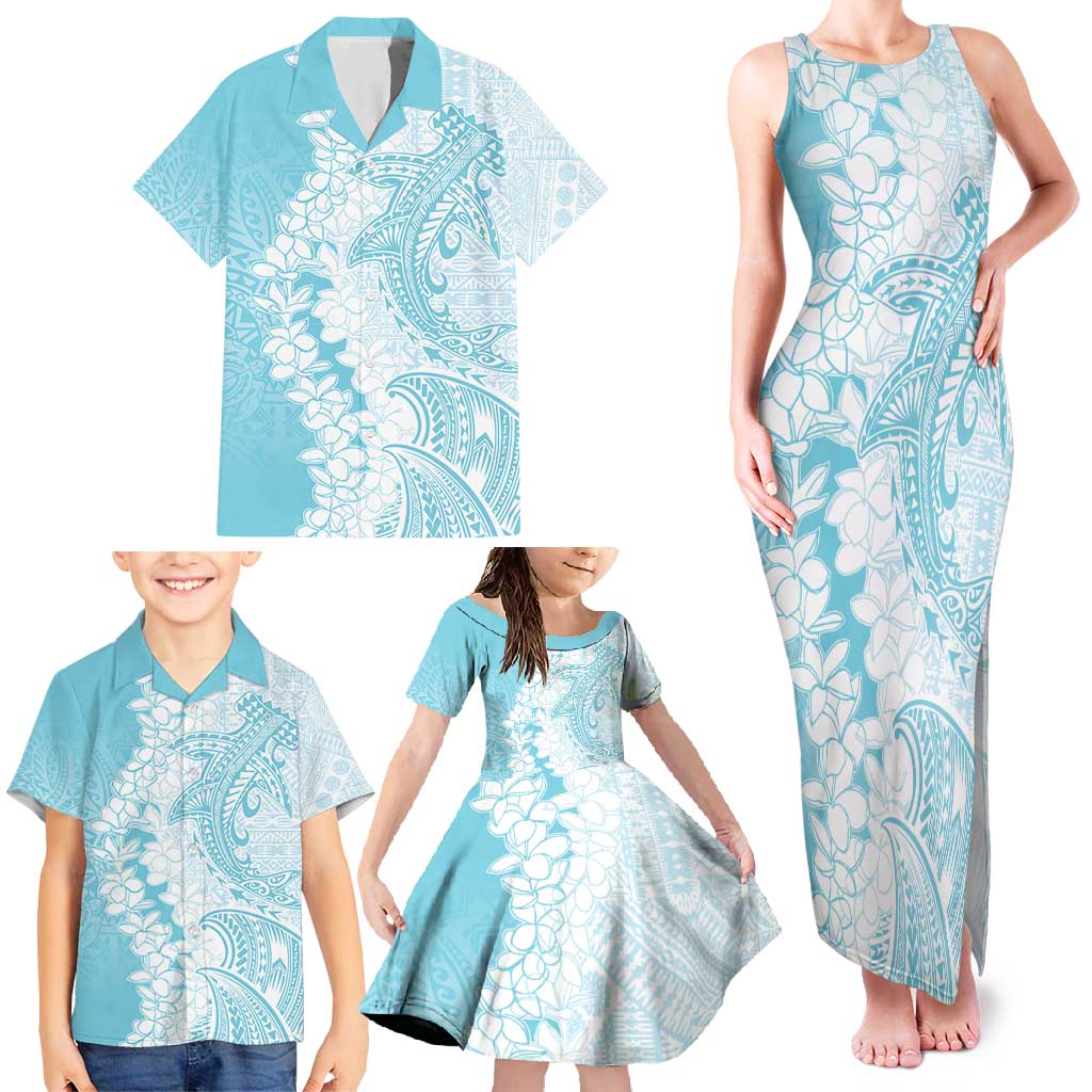Polynesian Turquoise Plumeria Lei Family Matching Tank Maxi Dress and Hawaiian Shirt with Hammerhead Shark LT7 - Polynesian Pride