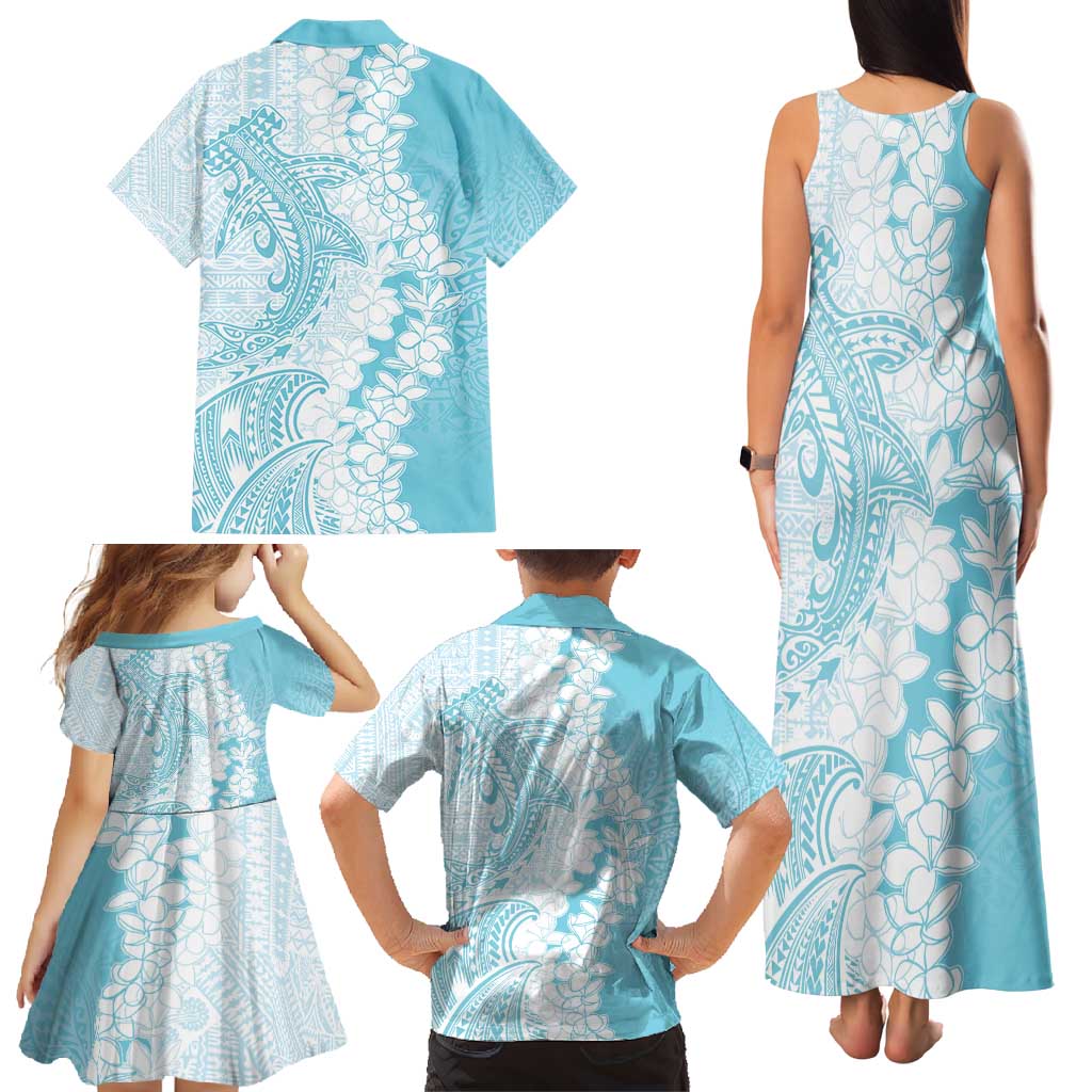Polynesian Turquoise Plumeria Lei Family Matching Tank Maxi Dress and Hawaiian Shirt with Hammerhead Shark LT7 - Polynesian Pride