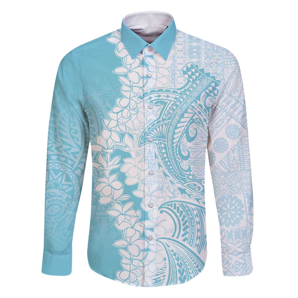 Polynesian Turquoise Plumeria Lei Family Matching Tank Maxi Dress and Hawaiian Shirt with Hammerhead Shark LT7 Dad's Shirt - Long Sleeve Turquoise - Polynesian Pride