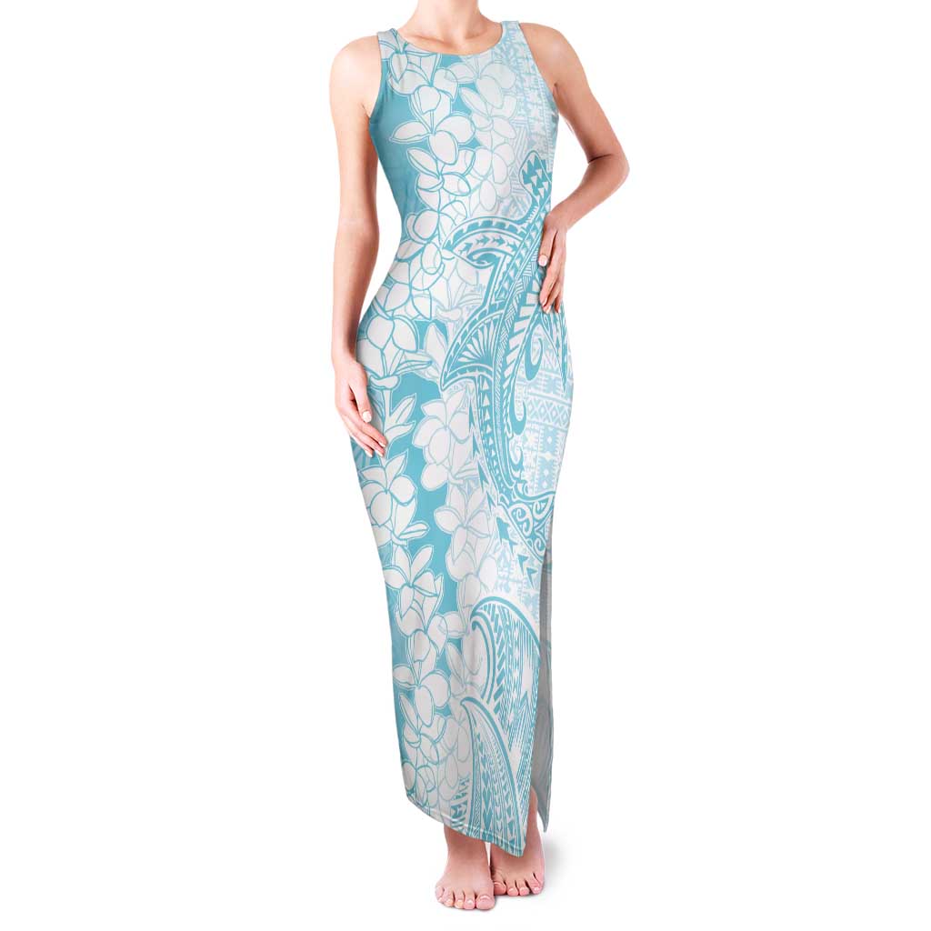 Polynesian Turquoise Plumeria Lei Family Matching Tank Maxi Dress and Hawaiian Shirt with Hammerhead Shark LT7 Mom's Dress Turquoise - Polynesian Pride
