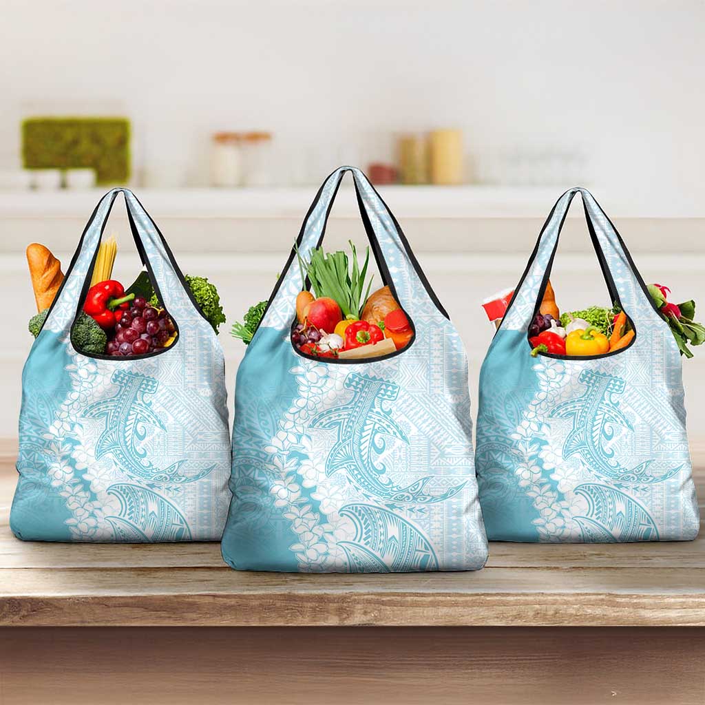 Polynesian Turquoise Plumeria Lei Grocery Bag with Hammerhead Shark