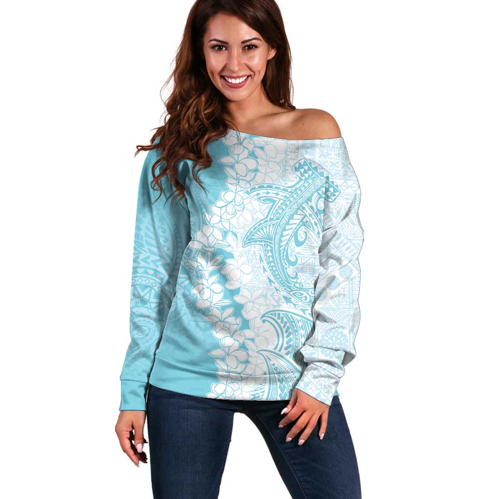Polynesian Turquoise Plumeria Lei Off Shoulder Sweater with Hammerhead Shark LT7 Women Turquoise - Polynesian Pride