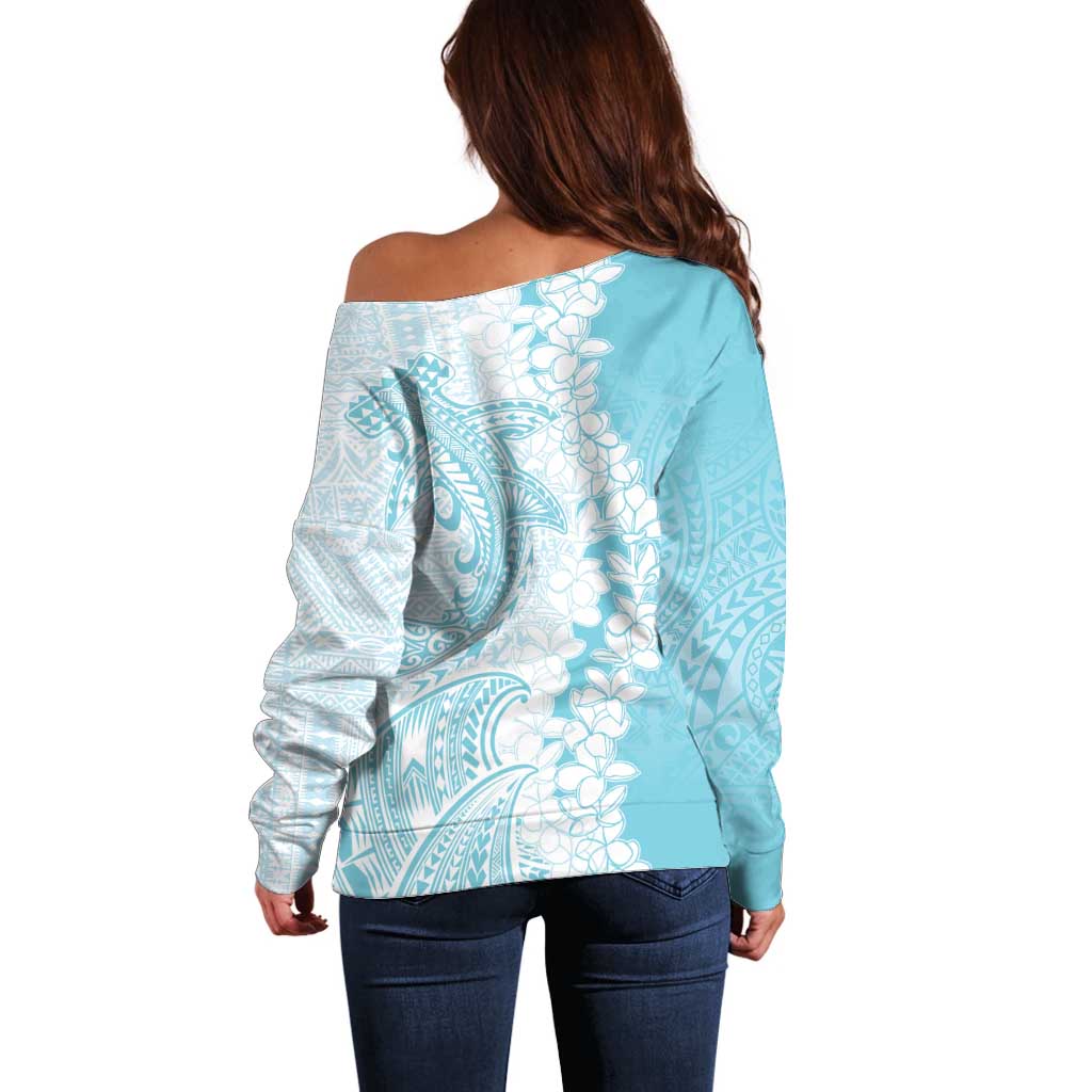 Polynesian Turquoise Plumeria Lei Off Shoulder Sweater with Hammerhead Shark LT7 - Polynesian Pride