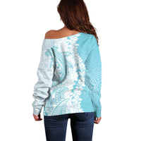Polynesian Turquoise Plumeria Lei Off Shoulder Sweater with Hammerhead Shark LT7 - Polynesian Pride