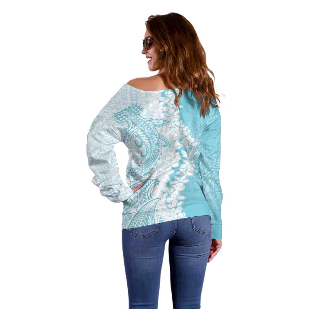 Polynesian Turquoise Plumeria Lei Off Shoulder Sweater with Hammerhead Shark LT7 - Polynesian Pride