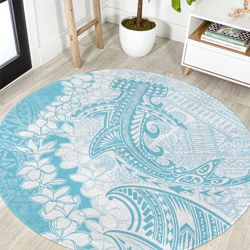 Polynesian Turquoise Plumeria Lei Round Carpet with Hammerhead Shark LT7 Turquoise - Polynesian Pride