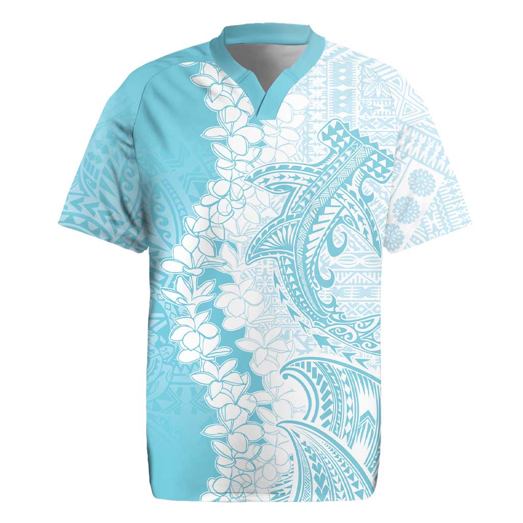 Polynesian Turquoise Plumeria Lei Rugby Jersey with Hammerhead Shark LT7 Turquoise - Polynesian Pride