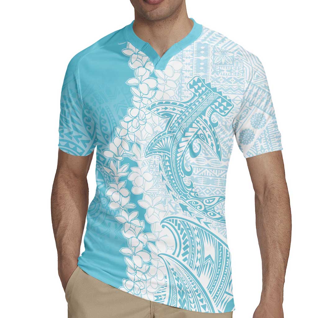 Polynesian Turquoise Plumeria Lei Rugby Jersey with Hammerhead Shark LT7 - Polynesian Pride