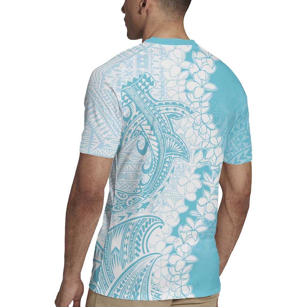 Polynesian Turquoise Plumeria Lei Rugby Jersey with Hammerhead Shark LT7 - Polynesian Pride