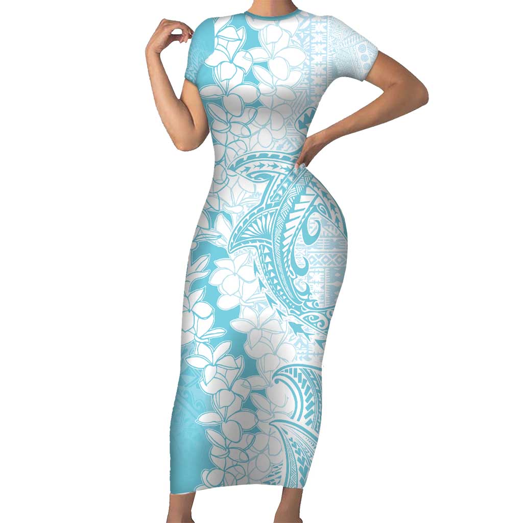 Polynesian Turquoise Plumeria Lei Short Sleeve Bodycon Dress with Hammerhead Shark LT7 Long Dress Turquoise - Polynesian Pride