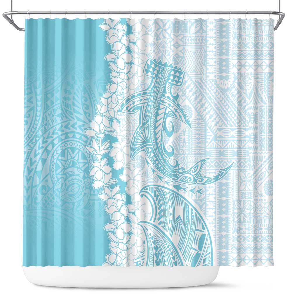 Polynesian Turquoise Plumeria Lei Shower Curtain with Hammerhead Shark LT7 Turquoise - Polynesian Pride
