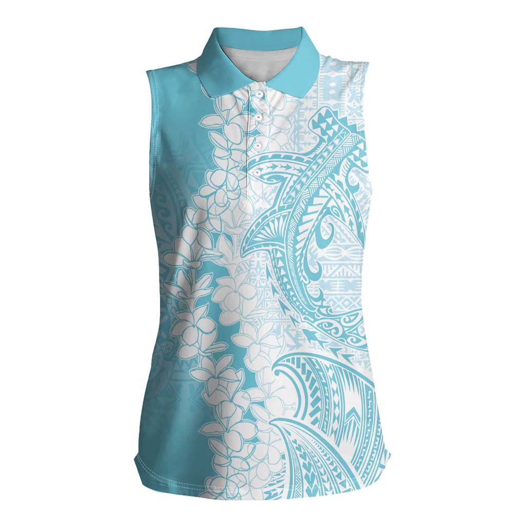 Polynesian Turquoise Plumeria Lei Women Sleeveless Polo Shirt with Hammerhead Shark
