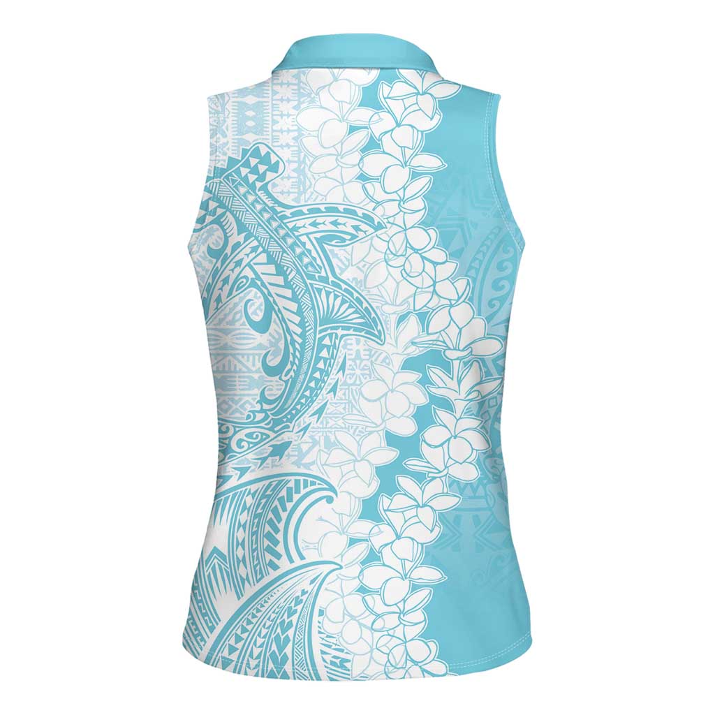 Polynesian Turquoise Plumeria Lei Women Sleeveless Polo Shirt with Hammerhead Shark