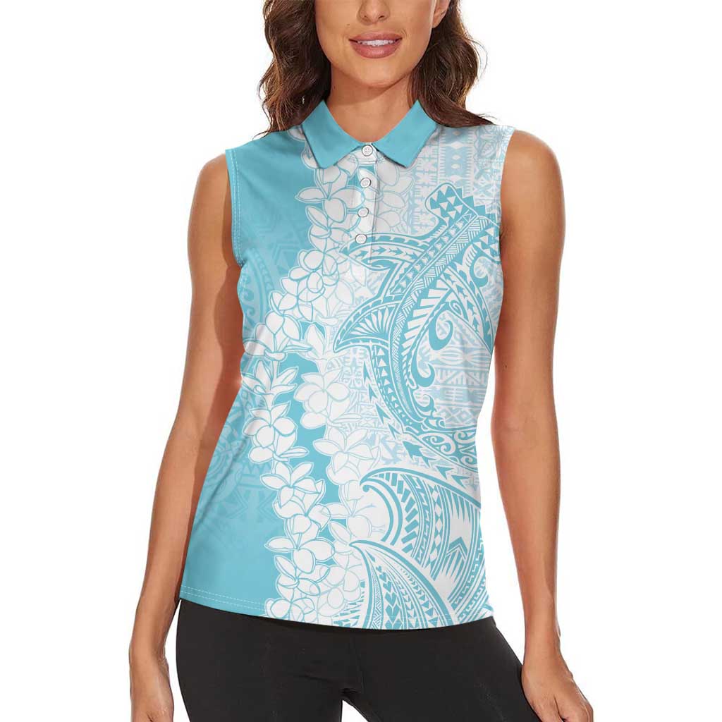Polynesian Turquoise Plumeria Lei Women Sleeveless Polo Shirt with Hammerhead Shark