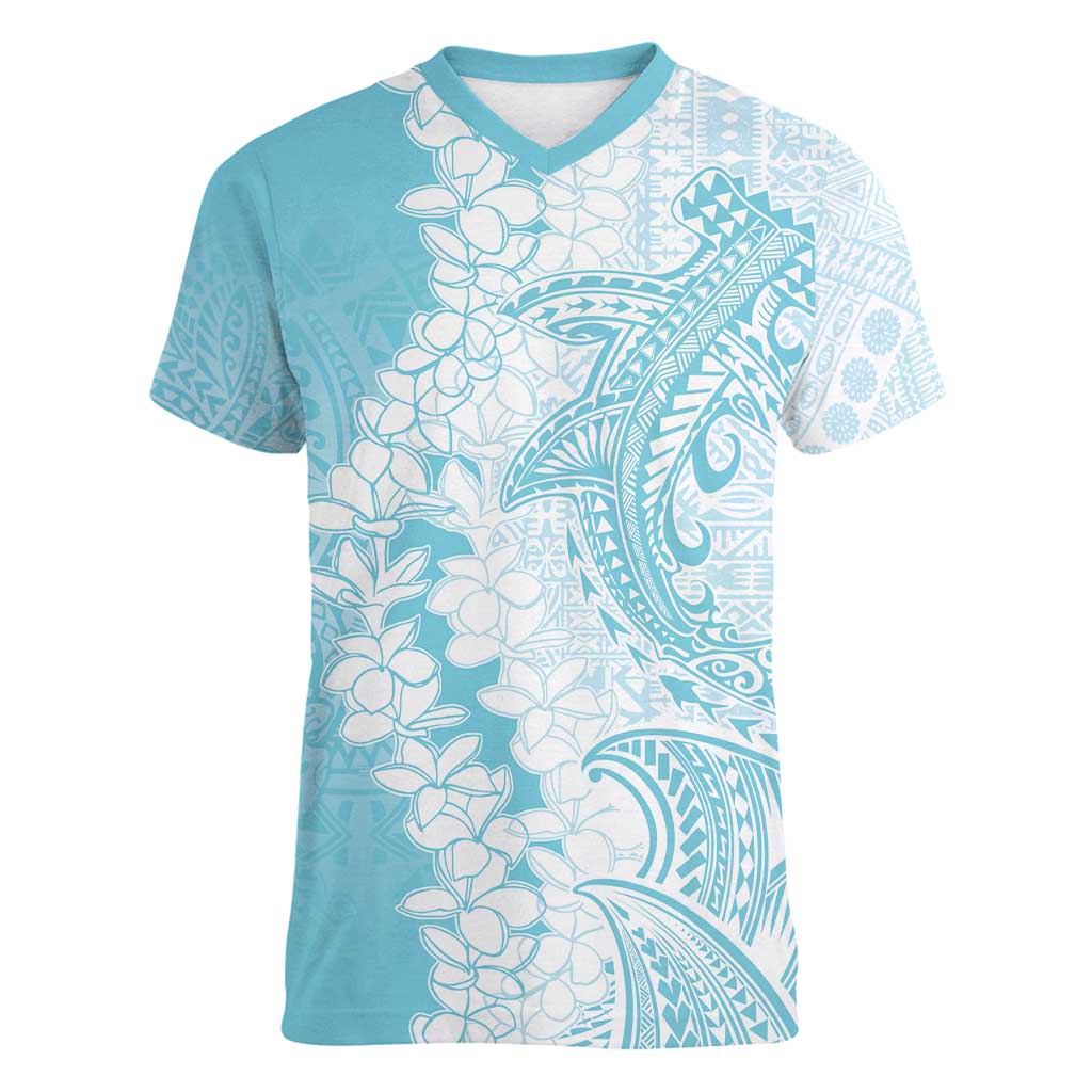 Polynesian Turquoise Plumeria Lei Women V-Neck T-Shirt with Hammerhead Shark