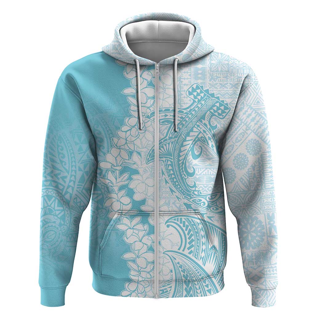 Polynesian Turquoise Plumeria Lei Zip Hoodie with Hammerhead Shark LT7 Zip Hoodie Turquoise - Polynesian Pride