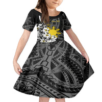 Philippines Sampaguita Personalised Family Matching Long Sleeve Bodycon Dress and Hawaiian Shirt Women's Day LT7 Daughter's Dress Black - Polynesian Pride