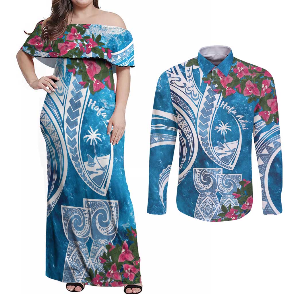 Hafa Adai Guam Couples Matching Off Shoulder Maxi Dress and Long Sleeve Button Shirt Crystal Waves LT7 Blue - Polynesian Pride