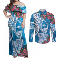Hafa Adai Guam Couples Matching Off Shoulder Maxi Dress and Long Sleeve Button Shirt Crystal Waves LT7 Blue - Polynesian Pride