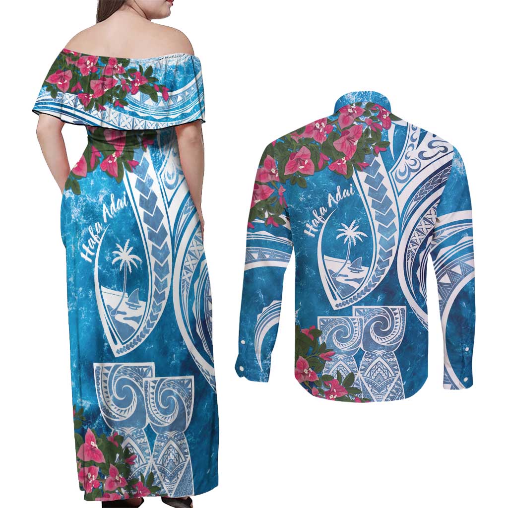 Hafa Adai Guam Couples Matching Off Shoulder Maxi Dress and Long Sleeve Button Shirt Crystal Waves LT7 - Polynesian Pride