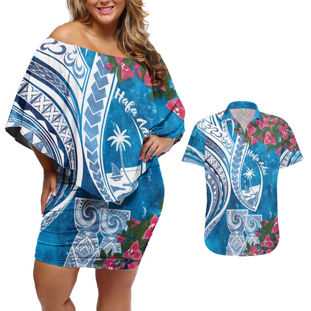 Hafa Adai Guam Couples Matching Off Shoulder Short Dress and Hawaiian Shirt Crystal Waves