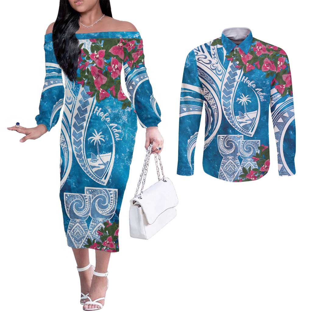 Hafa Adai Guam Couples Matching Off The Shoulder Long Sleeve Dress and Long Sleeve Button Shirt Crystal Waves