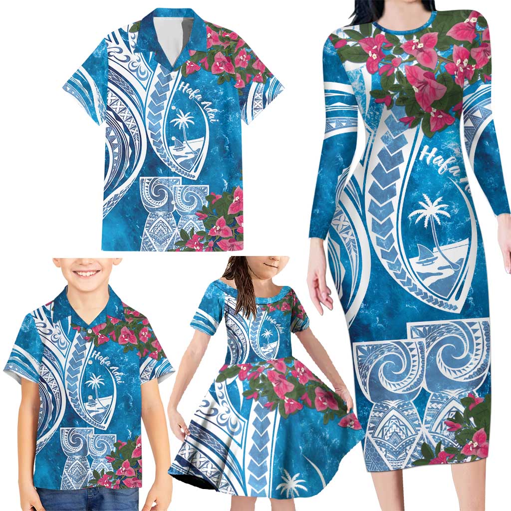 Hafa Adai Guam Family Matching Long Sleeve Bodycon Dress and Hawaiian Shirt Crystal Waves