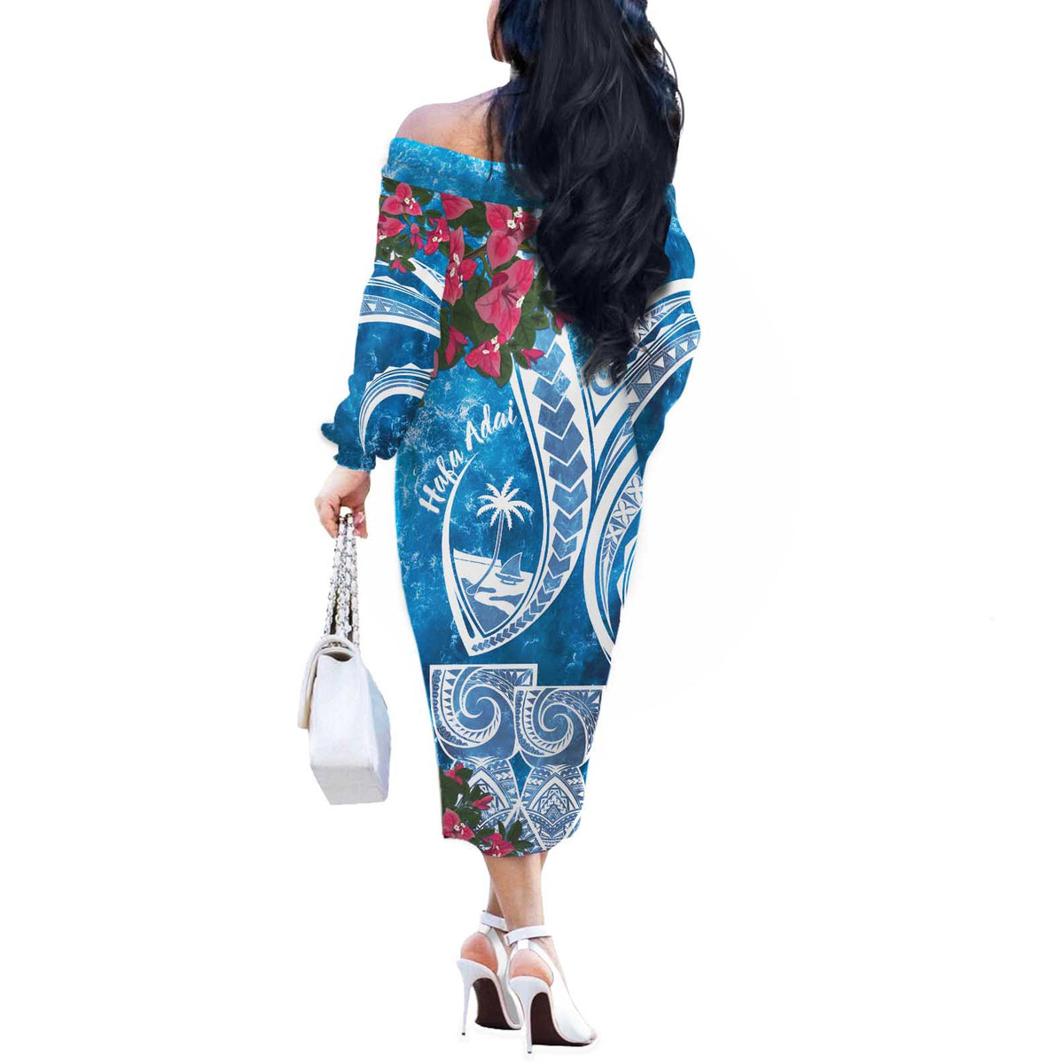 Hafa Adai Guam Off The Shoulder Long Sleeve Dress Crystal Waves