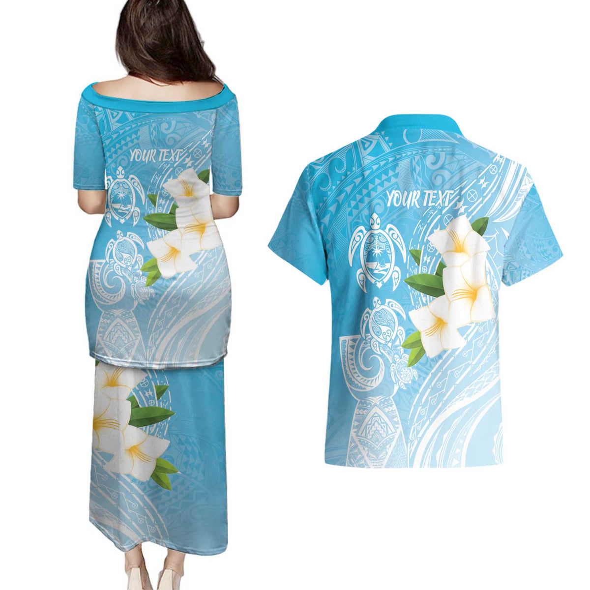 Personalized Guam Chamorro Couples Matching Puletasi and Hawaiian Shirt Turtles and Guasali Flowers