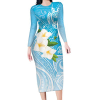 Personalized Guam Chamorro Family Matching Long Sleeve Bodycon Dress and Hawaiian Shirt Turtles and Guasali Flowers LT7 Mom's Dress Turquoise - Polynesian Pride