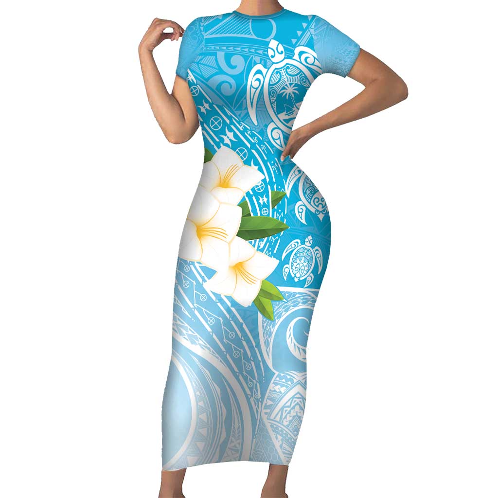 Personalized Guam Chamorro Family Matching Short Sleeve Bodycon Dress and Hawaiian Shirt Turtles and Guasali Flowers LT7 Mom's Dress Turquoise - Polynesian Pride