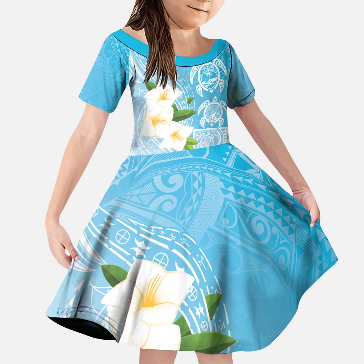 Personalized Guam Chamorro Kid Short Sleeve Dress Turtles and Guasali Flowers