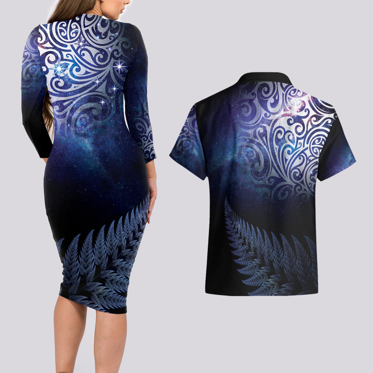 New Zealand Aotearoa Matariki Couples Matching Long Sleeve Bodycon Dress and Hawaiian Shirt Starry Silver Fern LT7 - Polynesian Pride